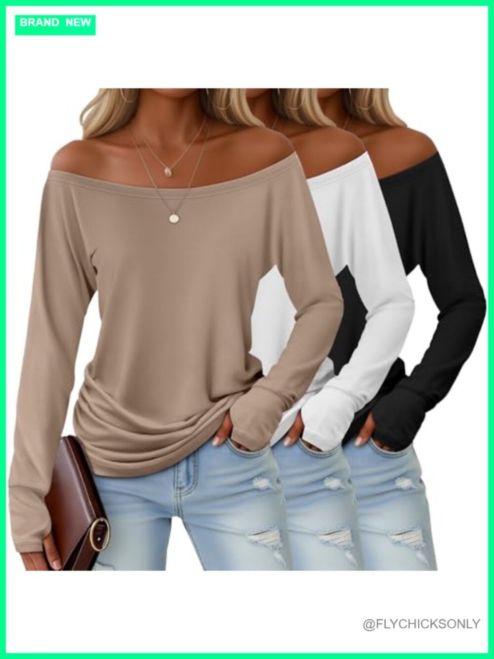 Womens Off Shoulder Boat Neck Long Sleeve Thumbhole Tops 3 Pack